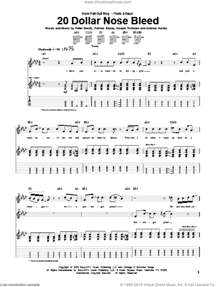 20 Dollar Nose Bleed sheet music for guitar (tablature) by Fall Out Boy, Andrew Hurley, Joseph Trohman, Patrick Stump and Peter Wentz, intermediate skill level