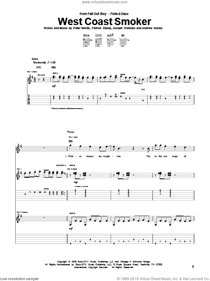 West Coast Smoker sheet music for guitar (tablature) by Fall Out Boy, Andrew Hurley, Joseph Trohman, Patrick Stump and Peter Wentz, intermediate skill level
