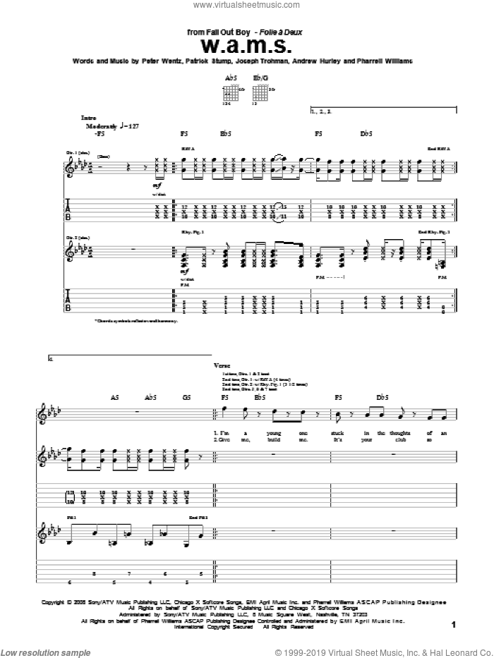 W.A.M.S. sheet music for guitar (tablature) by Fall Out Boy, Andrew Hurley, Joseph Trohman, Patrick Stump, Peter Wentz and Pharrell Williams, intermediate skill level