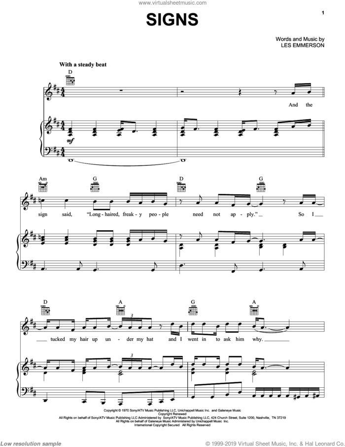 Signs sheet music for voice, piano or guitar by Five Man Electrical Band, Tesla and Les Emmerson, intermediate skill level