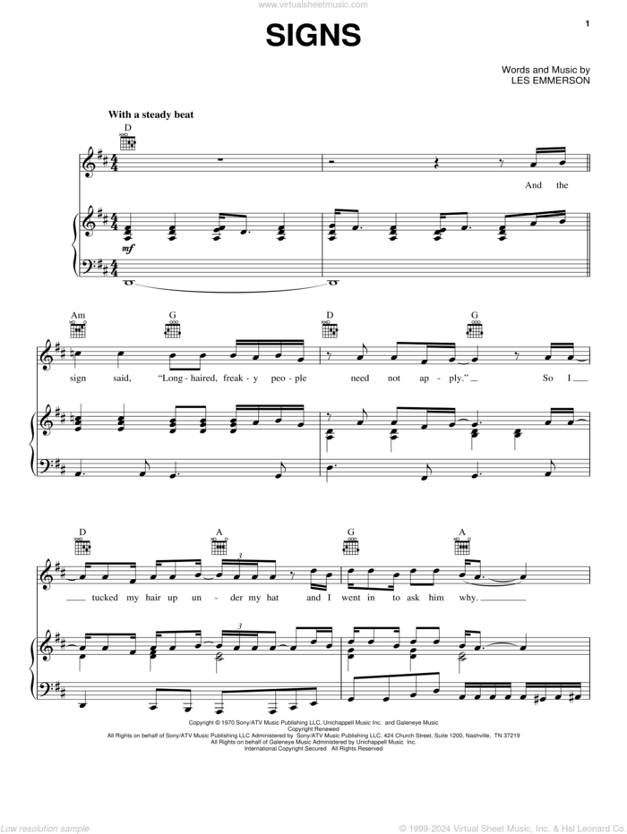 Signs sheet music for voice, piano or guitar by Five Man Electrical Band, Tesla and Les Emmerson, intermediate skill level