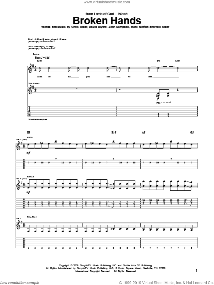 Broken Hands sheet music for guitar (tablature) by Lamb Of God, Chris Adler, David Blythe, John Campbell, Mark Morton and Will Adler, intermediate skill level