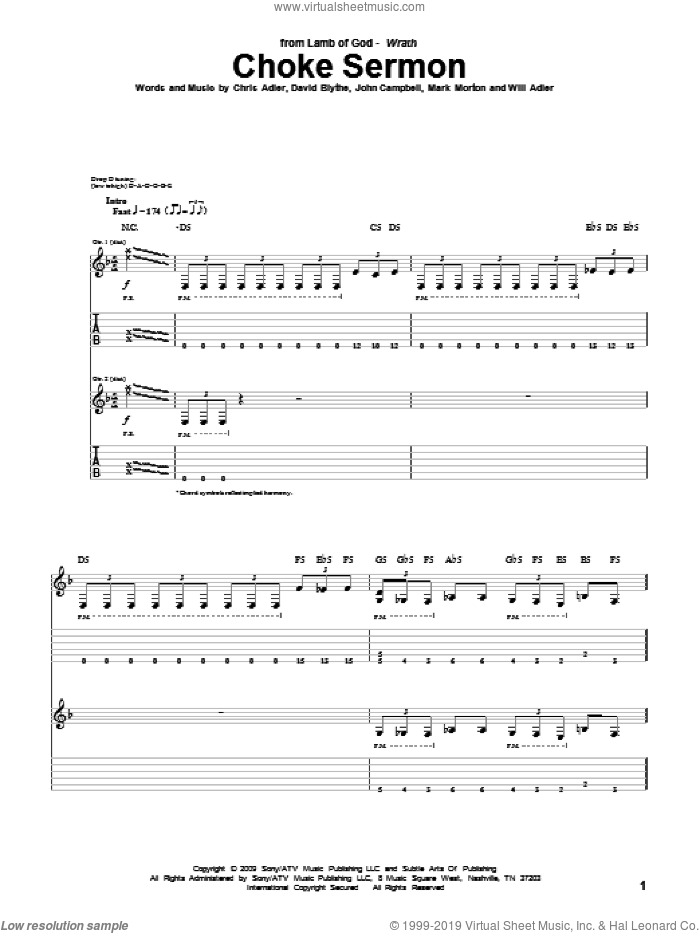 Choke Sermon sheet music for guitar (tablature) by Lamb Of God, Chris Adler, David Blythe, John Campbell, Mark Morton and Will Adler, intermediate skill level