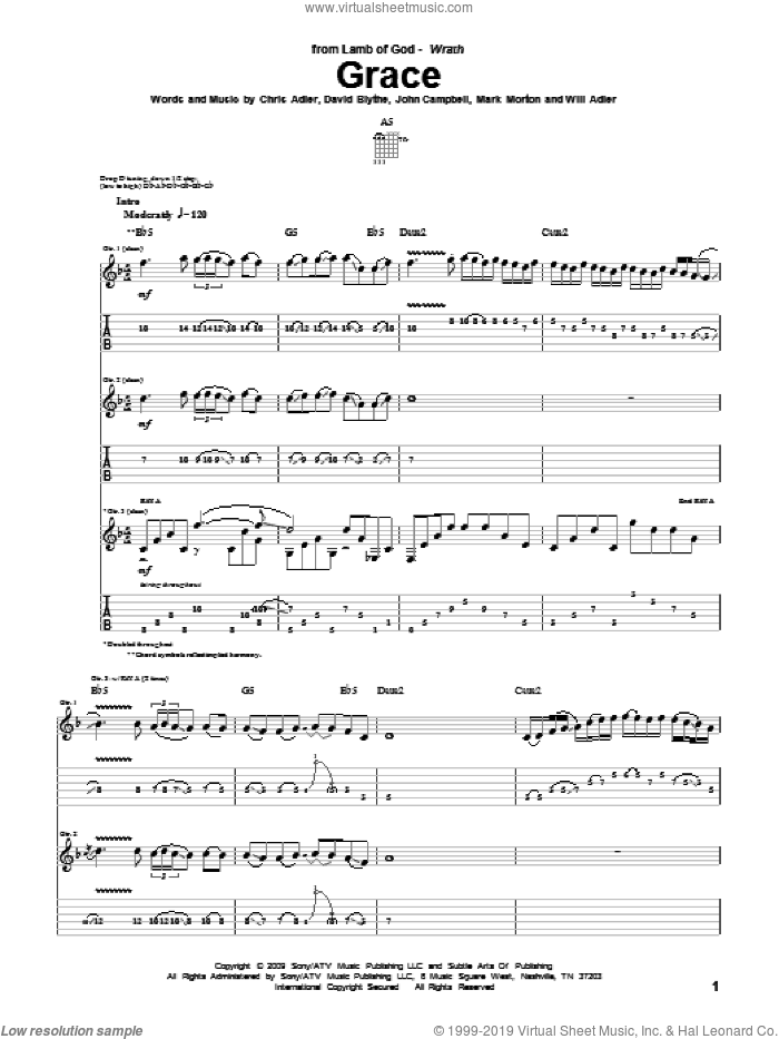 Grace sheet music for guitar (tablature) by Lamb Of God, Chris Adler, David Blythe, John Campbell, Mark Morton and Will Adler, intermediate skill level