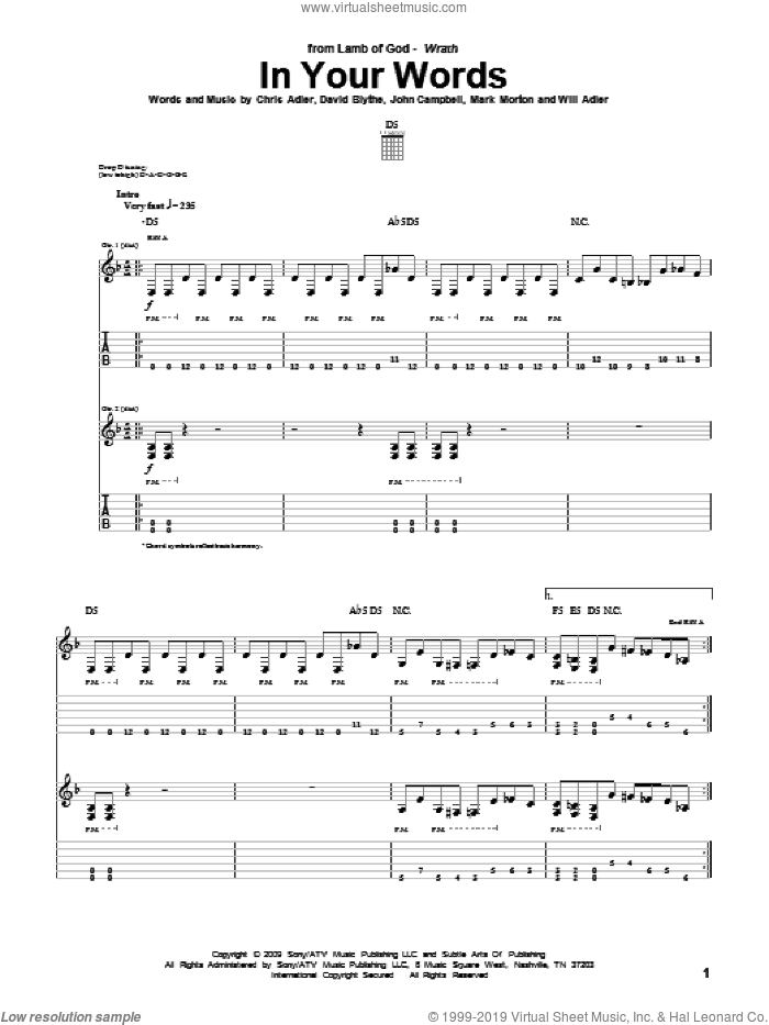 In Your Words sheet music for guitar (tablature) by Lamb Of God, Chris Adler, David Blythe, John Campbell, Mark Morton and Will Adler, intermediate skill level