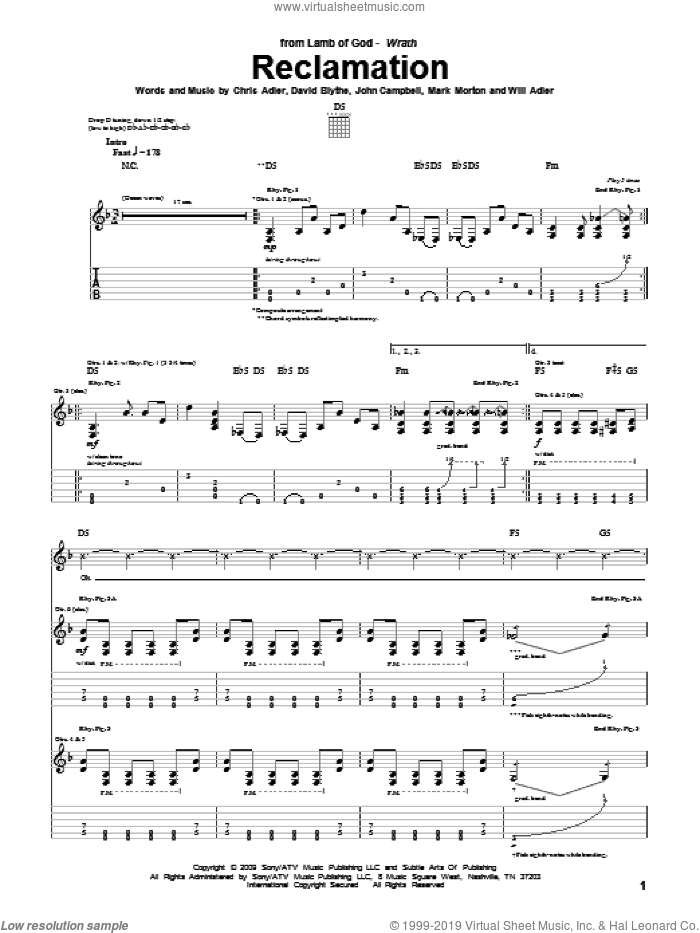 Reclamation sheet music for guitar (tablature) by Lamb Of God, Chris Adler, David Blythe, John Campbell, Mark Morton and Will Adler, intermediate skill level