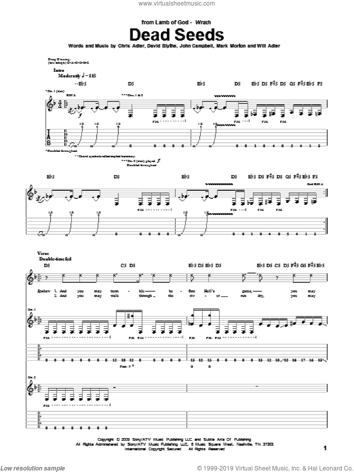 Dead Seeds sheet music for guitar (tablature) by Lamb Of God, Chris Adler, David Blythe, John Campbell, Mark Morton and Will Adler, intermediate skill level