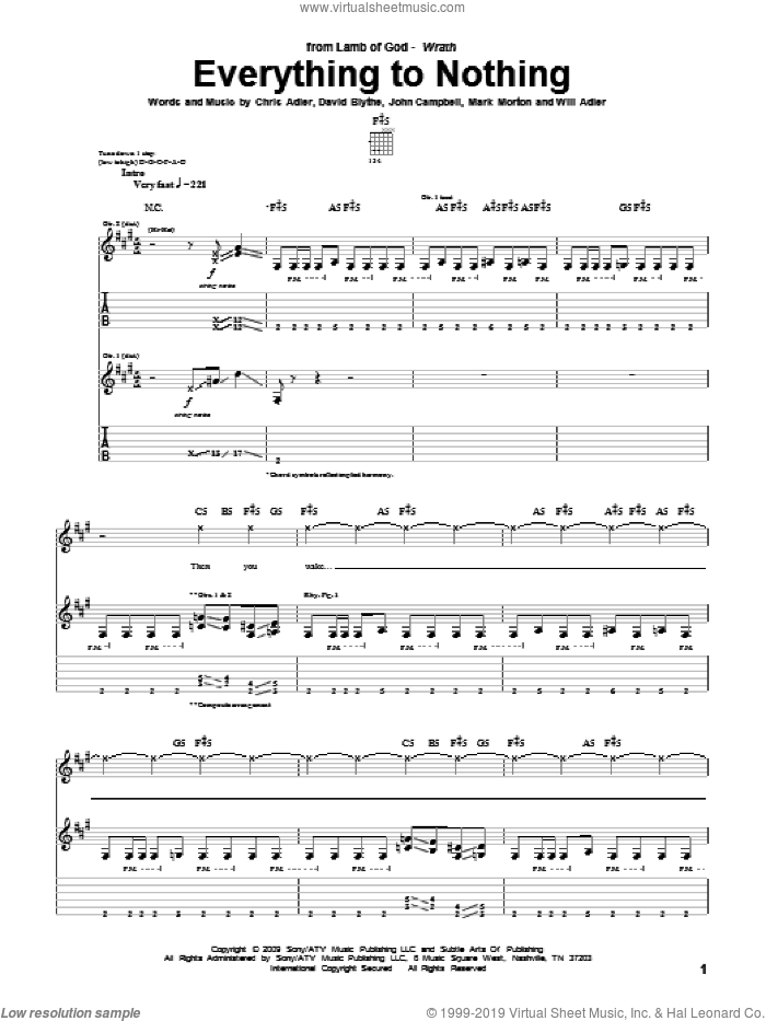 Everything To Nothing sheet music for guitar (tablature) by Lamb Of God, Chris Adler, David Blythe, John Campbell, Mark Morton and Will Adler, intermediate skill level