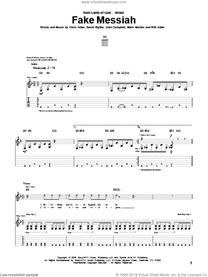 Fake Messiah sheet music for guitar (tablature) by Lamb Of God, Chris Adler, David Blythe, John Campbell, Mark Morton and Will Adler, intermediate skill level