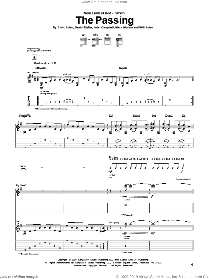 The Passing sheet music for guitar (tablature) by Lamb Of God, Chris Adler, David Blythe, John Campbell, Mark Morton and Will Adler, intermediate skill level