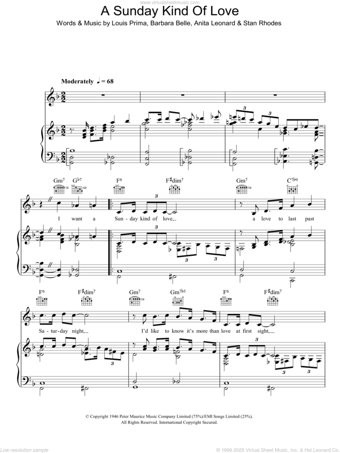 A Sunday Kind Of Love sheet music for voice, piano or guitar by Ella Fitzgerald, Ella  Fitzgerald, Anita Leonard, Barbara Belle, Louis Prima and Stan Rhodes, intermediate skill level