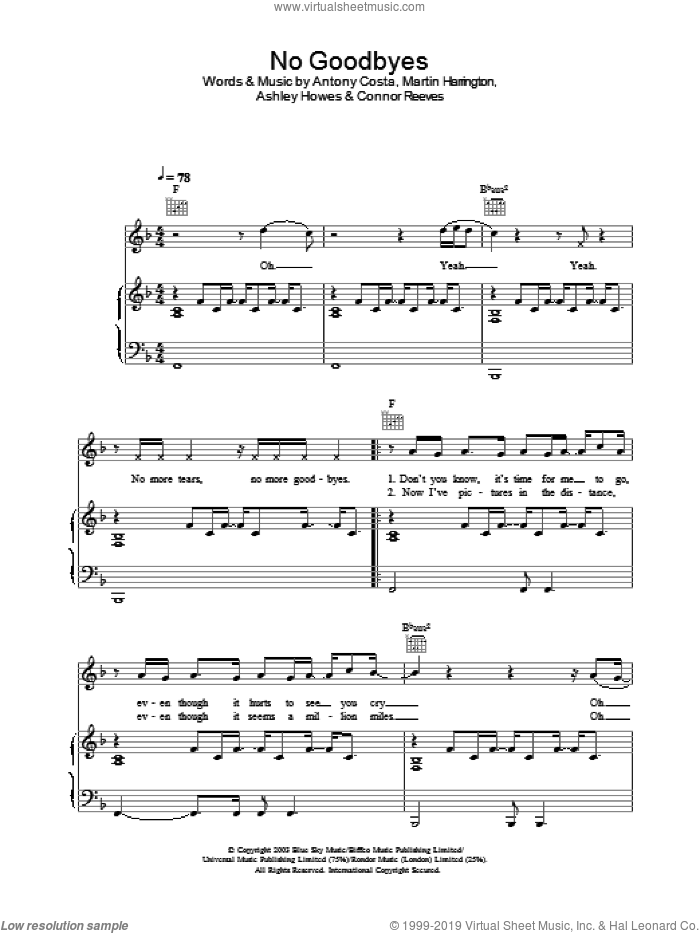 No Goodbyes sheet music for voice, piano or guitar, intermediate skill level