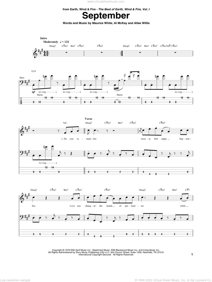 September sheet music for bass (tablature) (bass guitar) by Earth, Wind & Fire, Al McKay, Allee Willis and Maurice White, intermediate skill level