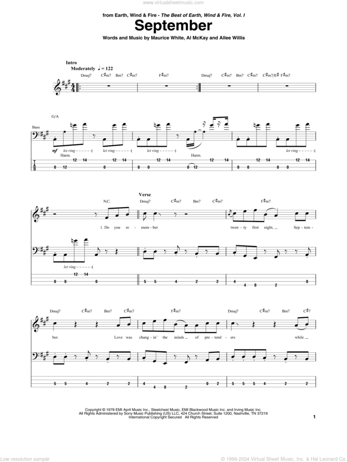 September sheet music for bass (tablature) (bass guitar) by Earth, Wind & Fire, Al McKay, Allee Willis and Maurice White, intermediate skill level