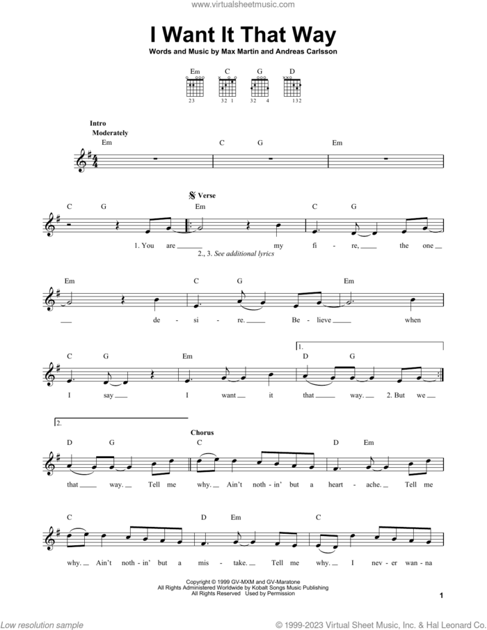 I Want It That Way sheet music for guitar solo (chords) by Backstreet Boys, Andreas Carlsson and Max Martin, easy guitar (chords)