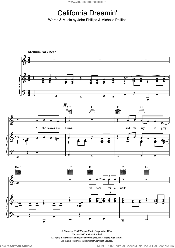 California Dreamin' sheet music for voice, piano or guitar by The Mamas & The Papas, John Phillips and Michelle Phillips, intermediate skill level