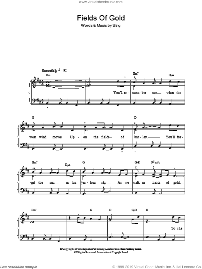 Fields Of Gold sheet music for piano solo (beginners) by Sting, beginner piano (beginners)