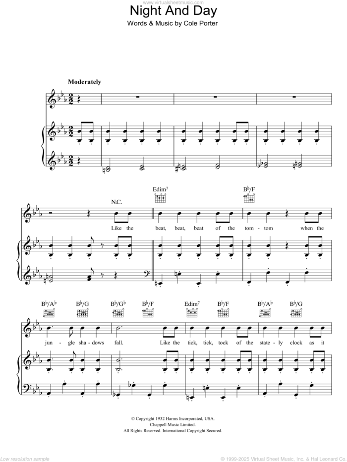 Night And Day sheet music for voice, piano or guitar by Cole Porter, intermediate skill level