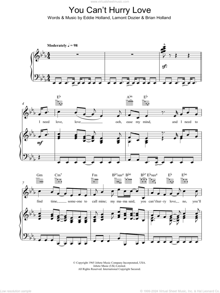 You Can't Hurry Love sheet music for voice, piano or guitar by Phil Collins, Brian Holland, Eddie Holland and Lamont Dozier, intermediate skill level