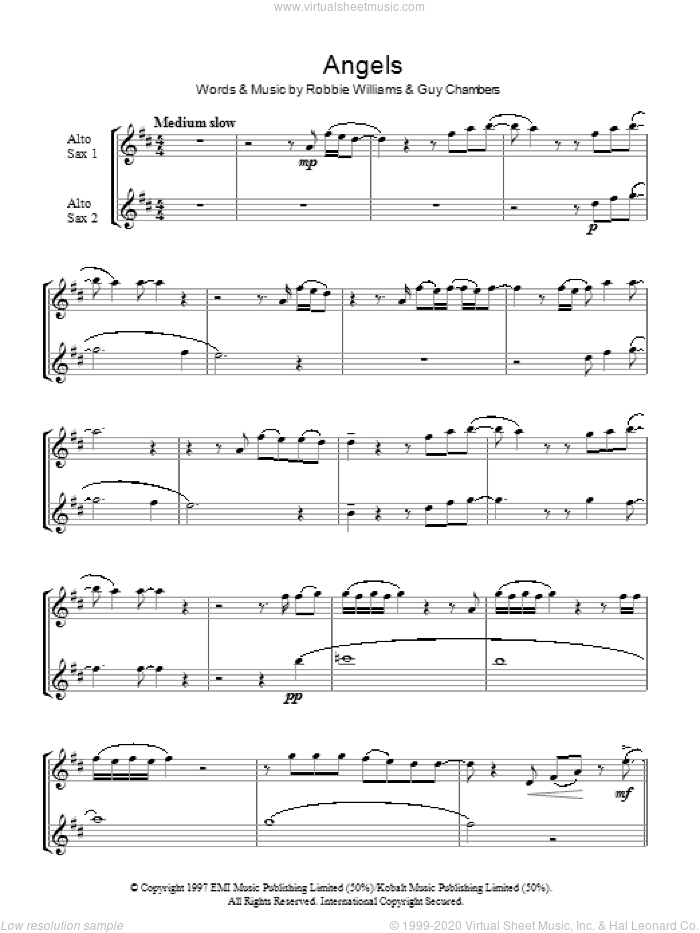 Angels sheet music for voice and other instruments (fake book) by Robbie Williams and Guy Chambers, intermediate skill level