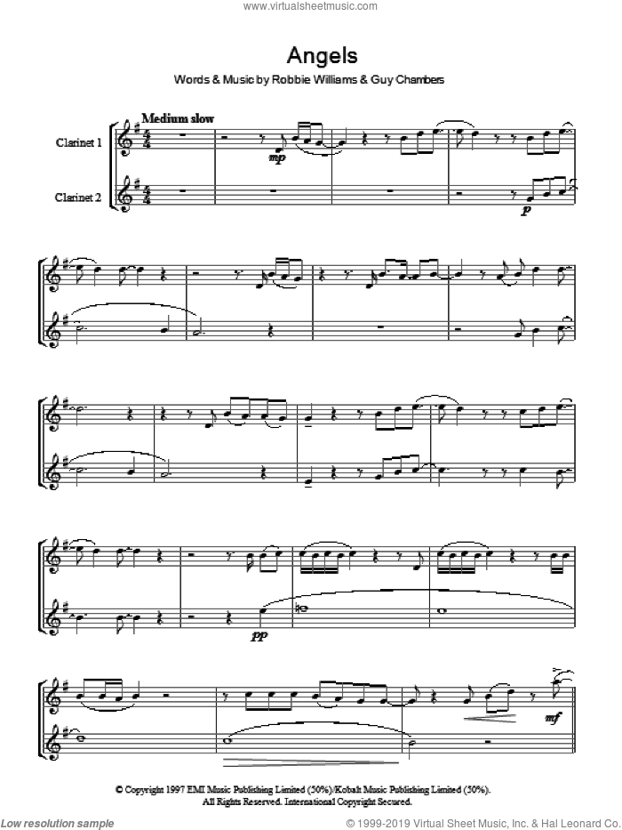 Angels sheet music for voice and other instruments (fake book) by Robbie Williams and Guy Chambers, intermediate skill level