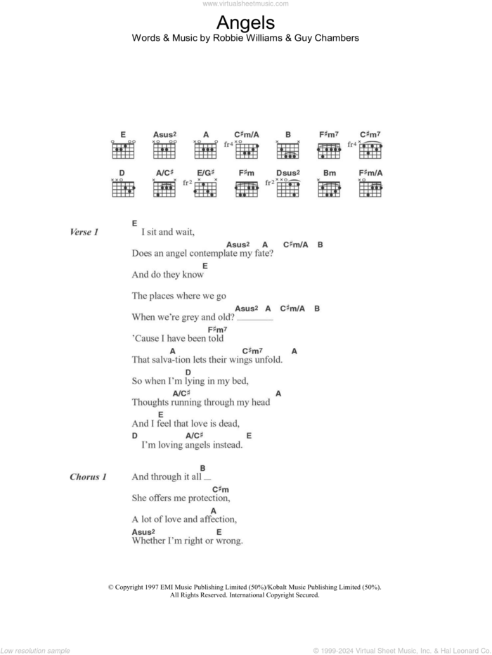 Angels sheet music for guitar (chords) by Robbie Williams and Guy Chambers, intermediate skill level