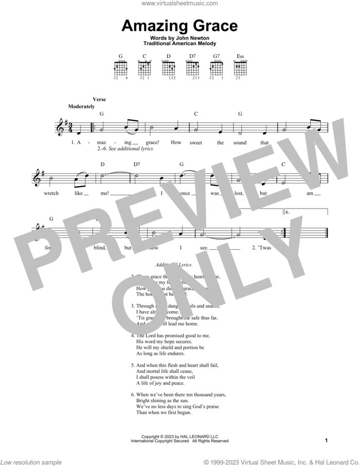 Amazing Grace sheet music for guitar solo (chords) by John Newton and Miscellaneous, easy guitar (chords)