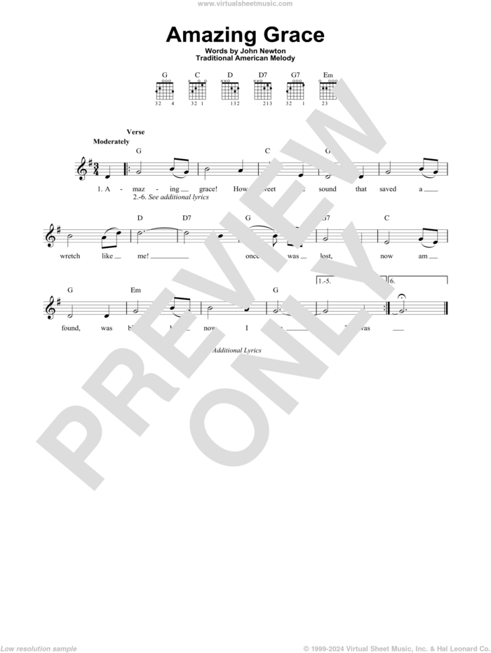 Amazing Grace sheet music for guitar solo (chords) by John Newton and Miscellaneous, easy guitar (chords)