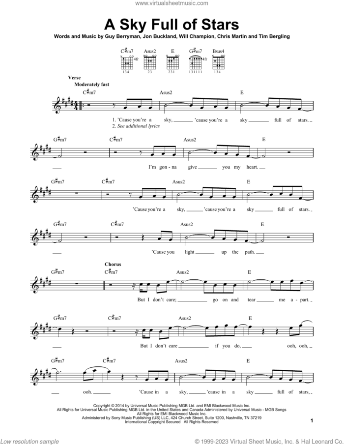 A Sky Full Of Stars sheet music for guitar solo (chords) by Coldplay, Chris Martin, Guy Berryman, Jon Buckland, Tim Bergling and Will Champion, easy guitar (chords)