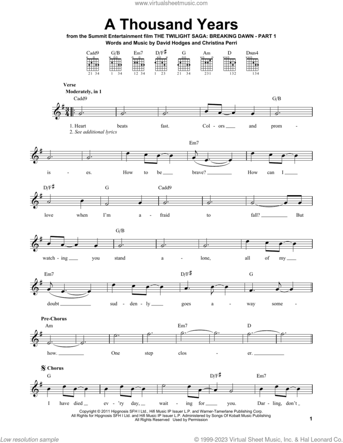 A Thousand Years sheet music for guitar solo (chords) by Christina Perri and David Hodges, easy guitar (chords)
