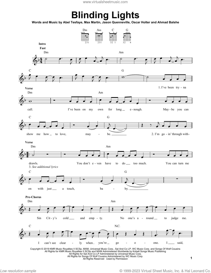 Blinding Lights sheet music for guitar solo (chords) by The Weeknd, Abel Tesfaye, Ahmad Balshe, Jason Quenneville, Max Martin and Oscar Holter, easy guitar (chords)