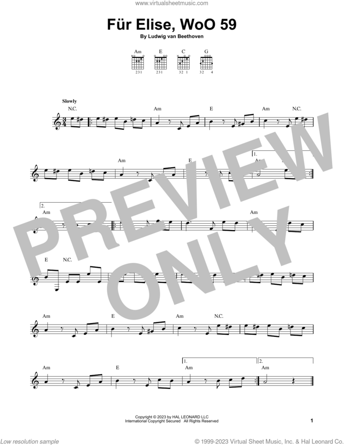 Fur Elise, WoO 59 sheet music for guitar solo (chords) by Ludwig van Beethoven, classical score, easy guitar (chords)