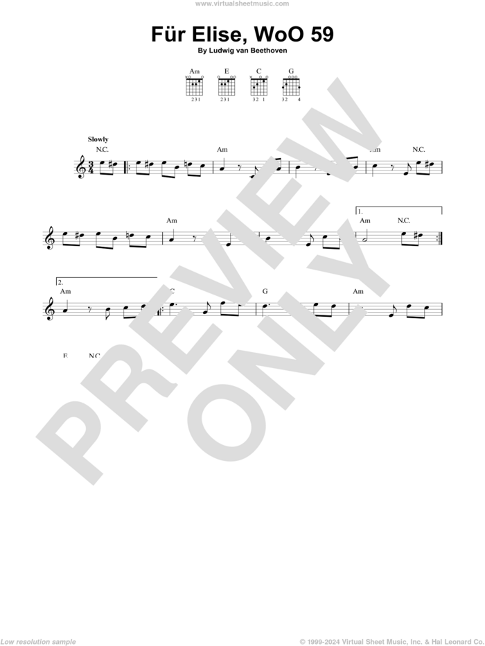 Fur Elise, WoO 59 sheet music for guitar solo (chords) by Ludwig van Beethoven, classical score, easy guitar (chords)