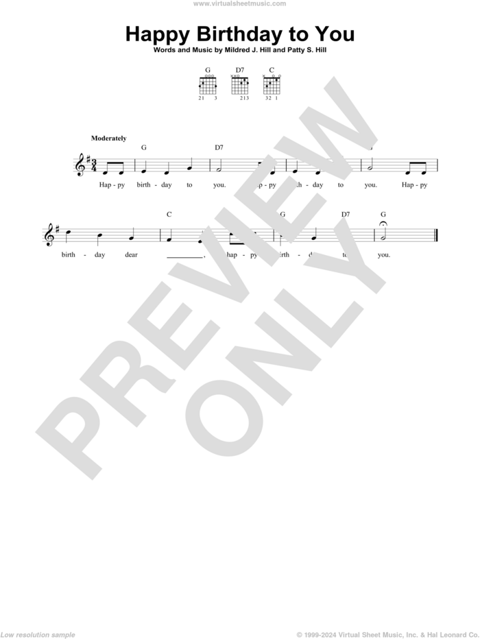 Happy Birthday To You sheet music for guitar solo (chords) by Mildred J. Hill and Patty Smith Hill, easy guitar (chords)