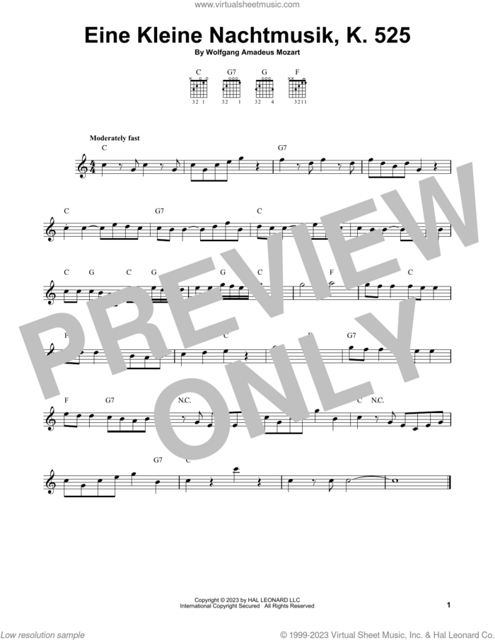 Eine Kleine Nachtmusik, K. 525 sheet music for guitar solo (chords) by Wolfgang Amadeus Mozart, classical score, easy guitar (chords)