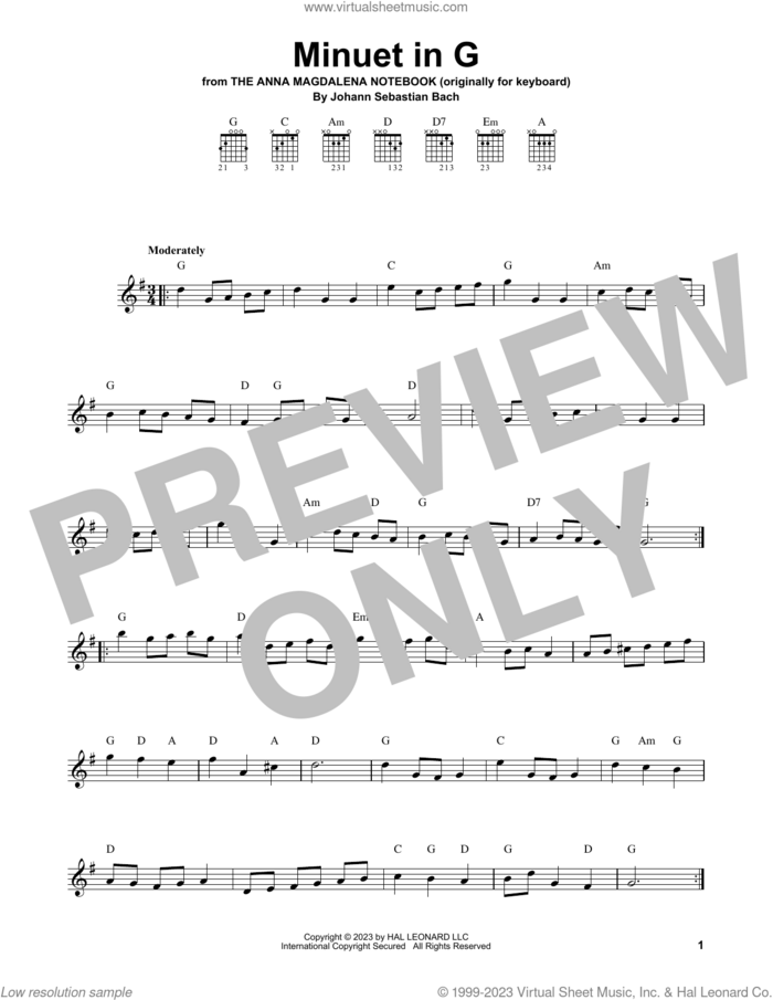 Minuet In G sheet music for guitar solo (chords) by Johann Sebastian Bach, classical score, easy guitar (chords)