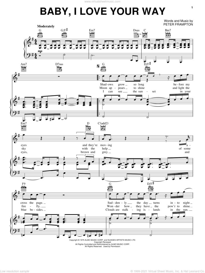 Baby, I Love Your Way sheet music for voice, piano or guitar by Peter Frampton, intermediate skill level