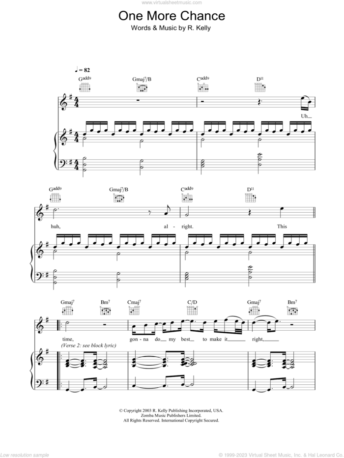 One More Chance sheet music for voice, piano or guitar by Michael Jackson and Robert Kelly, intermediate skill level