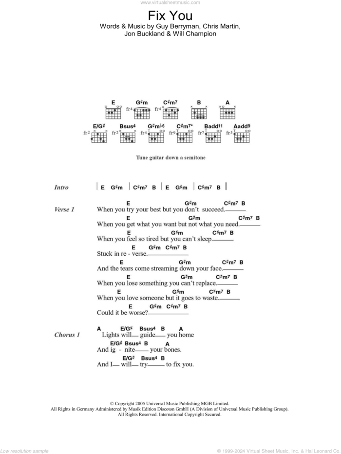 Fix You sheet music for guitar (chords) by Coldplay, Chris Martin, Guy Berryman, Jon Buckland and Will Champion, intermediate skill level