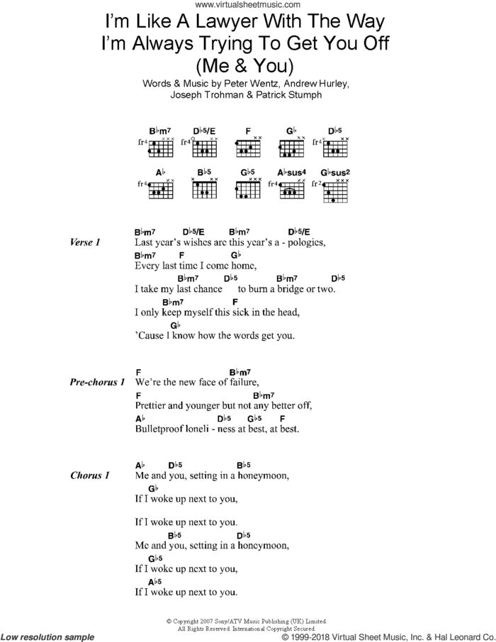 I'm Like A Lawyer With The Way I'm Always Trying To Get You Off (Me and You) sheet music for guitar (chords) by Fall Out Boy, Andrew Hurley, Joseph Trohman, Patrick Stumph and Peter Wentz, intermediate skill level