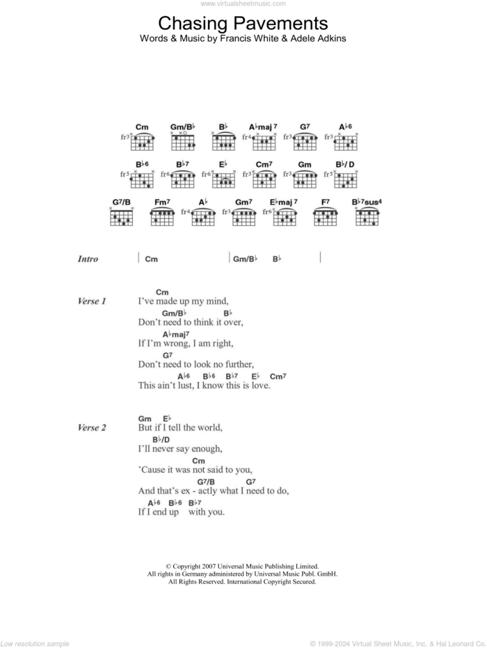 Chasing Pavements sheet music for guitar (chords) by Adele, Adele Adkins and Francis White, intermediate skill level