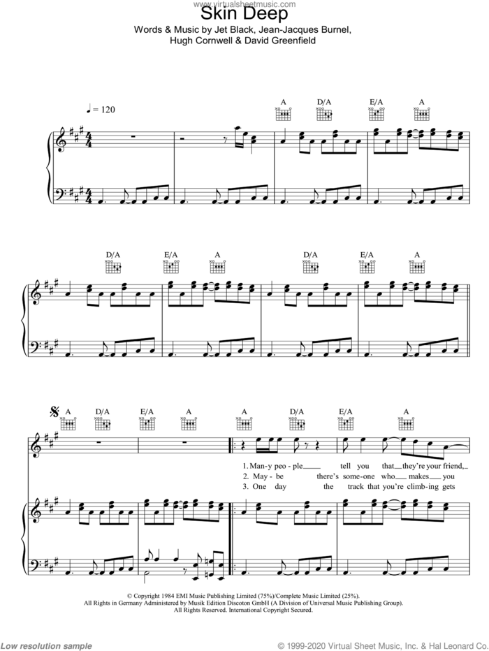 Skin Deep sheet music for voice, piano or guitar by The Stranglers, David Greenfield, Hugh Cornwell, Jean-Jacques Burnel and Jet Black, intermediate skill level