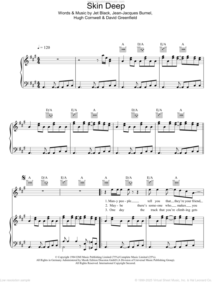 Skin Deep sheet music for voice, piano or guitar by The Stranglers, David Greenfield, Hugh Cornwell, Jean-Jacques Burnel and Jet Black, intermediate skill level