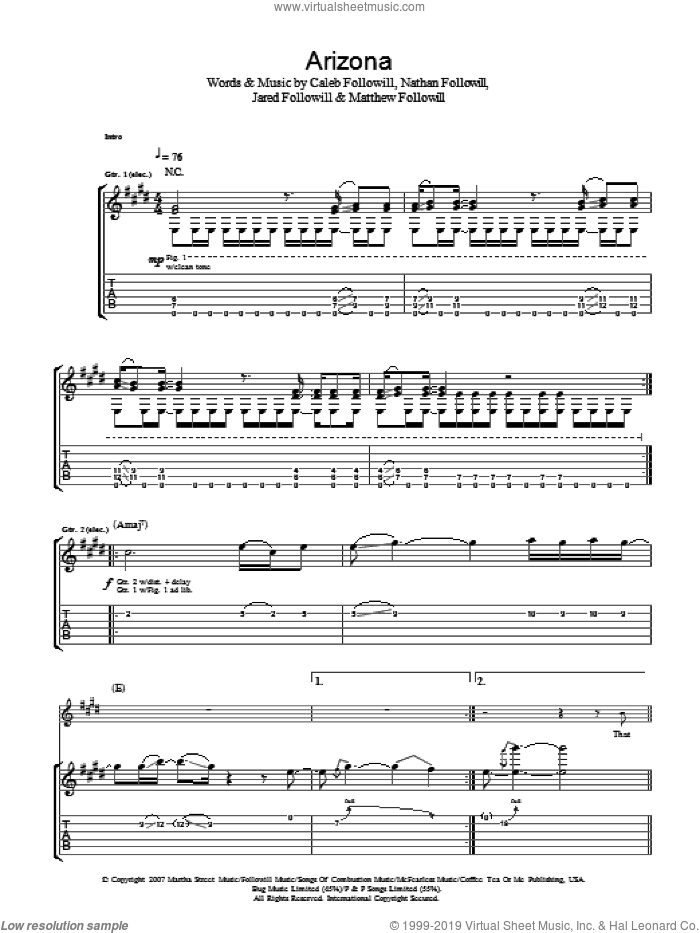 Arizona sheet music for guitar (tablature) by Kings Of Leon, Caleb Followill, Jared Followill, Matthew Followill and Nathan Followill, intermediate skill level