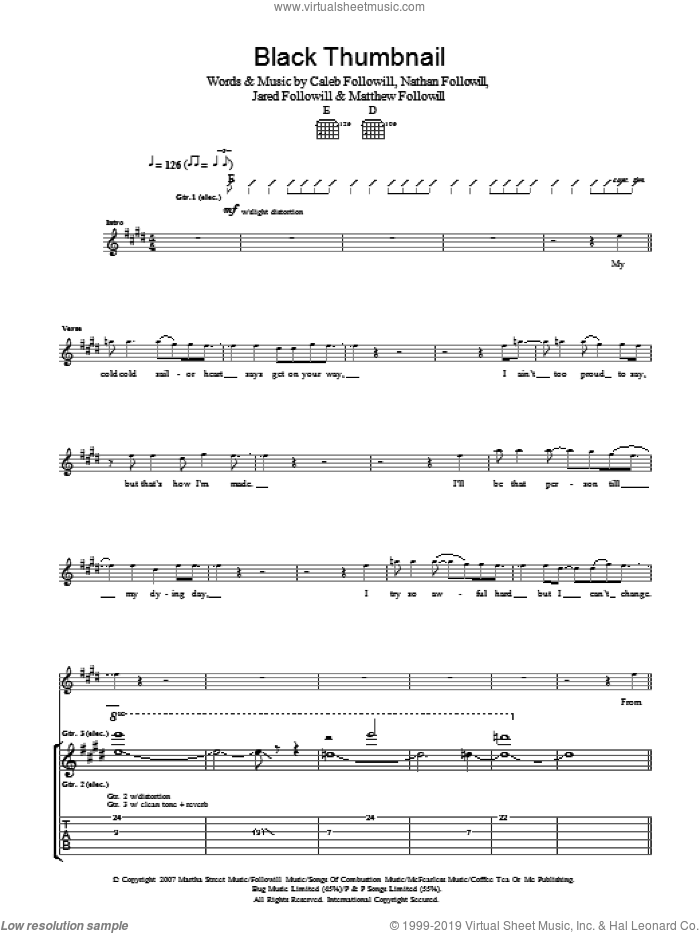 Black Thumbnail sheet music for guitar (tablature) by Kings Of Leon, Caleb Followill, Jared Followill, Matthew Followill and Nathan Followill, intermediate skill level