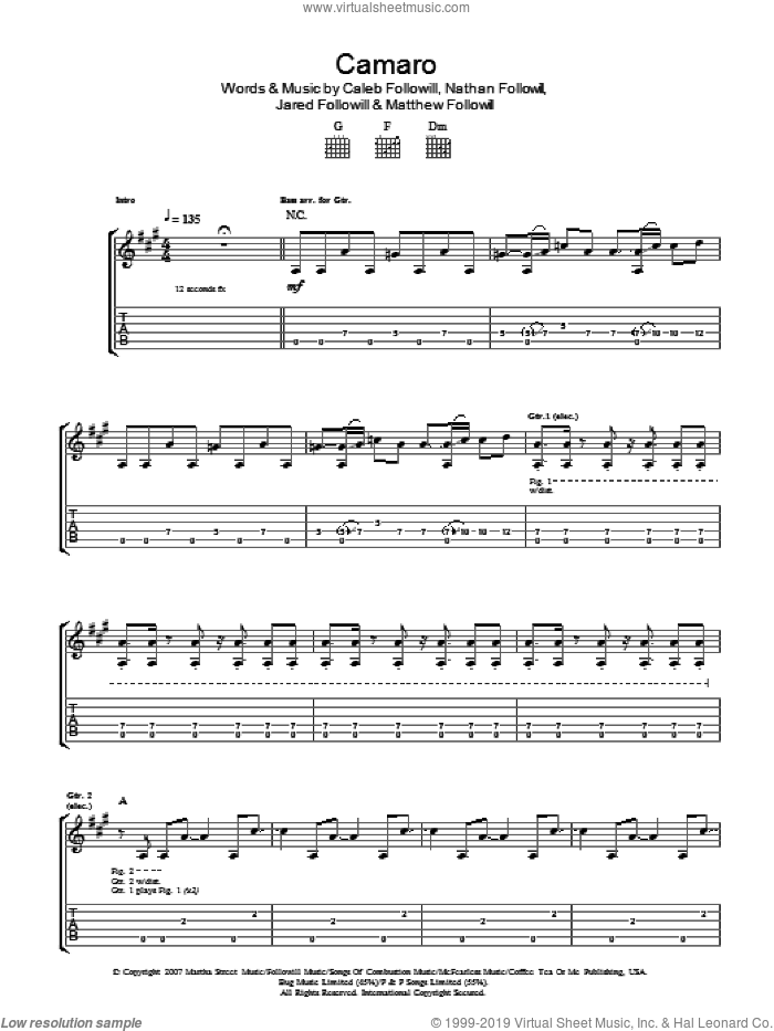 Camaro sheet music for guitar (tablature) by Kings Of Leon, Caleb Followill, Jared Followill, Matthew Followill and Nathan Followill, intermediate skill level