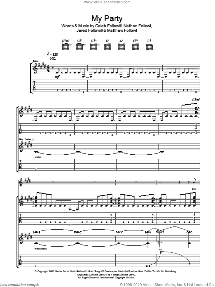 My Party sheet music for guitar (tablature) by Kings Of Leon, Caleb Followill, Jared Followill, Matthew Followill and Nathan Followill, intermediate skill level