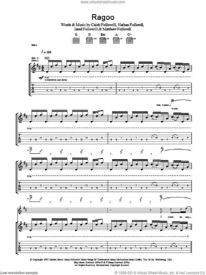 Ragoo sheet music for guitar (tablature) by Kings Of Leon, Caleb Followill, Jared Followill, Matthew Followill and Nathan Followill, intermediate skill level
