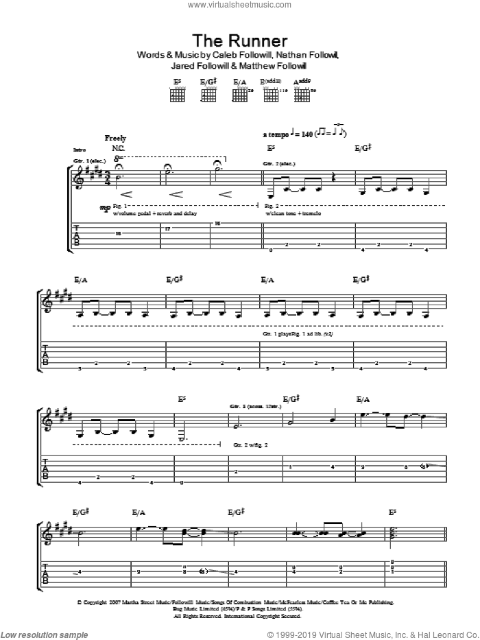The Runner sheet music for guitar (tablature) by Kings Of Leon, Caleb Followill, Jared Followill, Matthew Followill and Nathan Followill, intermediate skill level