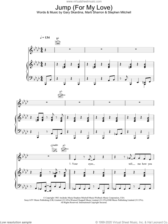 Jump (For My Love) sheet music for voice, piano or guitar by The Pointer Sisters, intermediate skill level